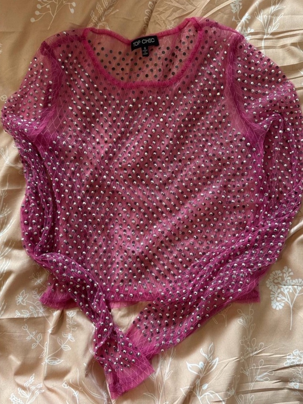 Women’s Pink Mesh Studded Long-Sleeve Top